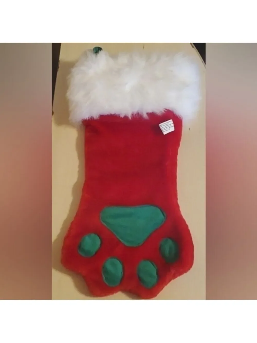 Dog Christmas stocking Plush Pet Dog Holiday Red Green Faux Fur Paw Shape